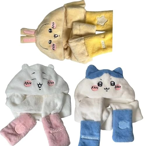 ちいかわ 帽子 マフラー 手袋 一体型 冬小物 ハチワレ 可愛い ウサギ もこもこ ボア 寒さ対策 暖かい 萌えグッズ 多機能 レディース お出かけ 秋冬 プレゼント (B)のサムネイル