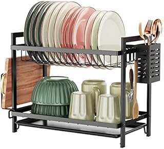 iSPECLE 2 Tier Dish Drainer, Dish Drying Rack with Drip Tray, Sink Draining Board with Utensil & Cutting Board Holder for Kitchen Counter, Black