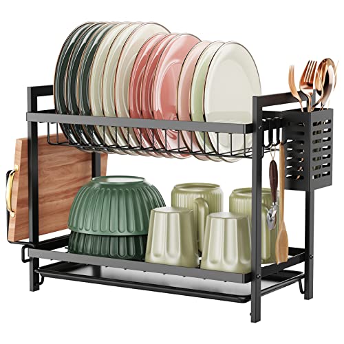 iSPECLE Dish Drainer Rack - 2 Tier Dish Drying Rack with Drip Tray, Rustproof Draining Board Rack with Utensil & Cutting Board Holder, Sink Drainer Rack for Kitchen Worktop, Black