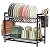 iSPECLE Dish Drainer - 2 Tier Dish Drying Rack with Drip Tray, Rustproof Draining Board Rack with Utensil & Cutting Board Holder, Sink Drainer Rack for Kitchen Counter, Black