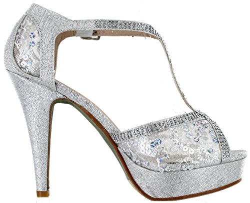 TOP Moda Hy-5 Open Toe Crochet High Heel Sandals Silver 7.5