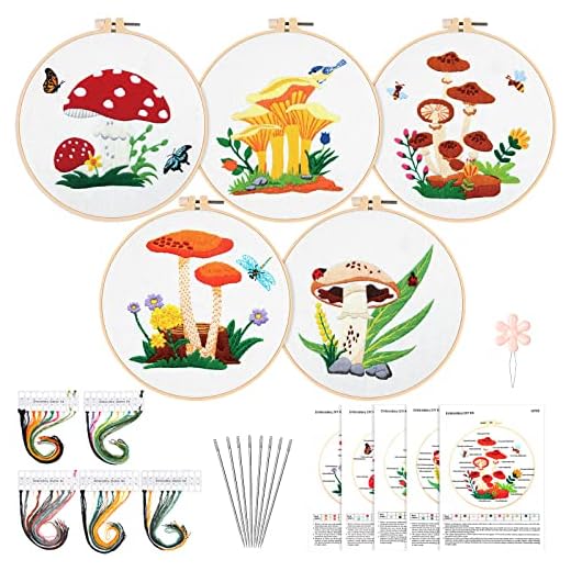 5 Sets Embroidery Starter Kit with Patterns and Instructions Mushroom Cross Stitch Set for Beginners DIY Adult Kids Beginner Cross Stitch Set with Mushroom Pattern Embroidery Hoops Needles Threads
