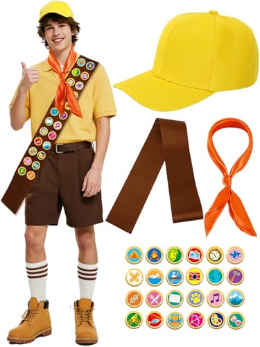 26 Pcs Halloween Costume Set Yellow Hat Satin Sash Square Scarf Badge Pins