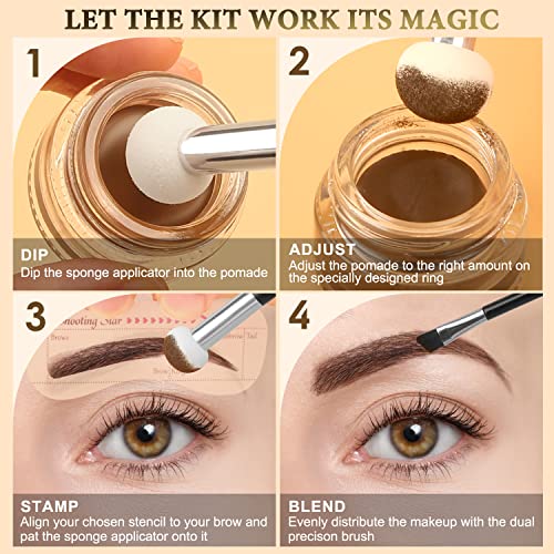 Eyebrow Stamp Stencil Kit For Eyebrows, Brow Stamp Trio Kit With Waterproof Eyebrow Pencil, Eyebrow Pomade, 20 Eyebrow Stencils, Dual-Ended Eyebrow Brush And Sponge Applicator - Ash Black #TOP4