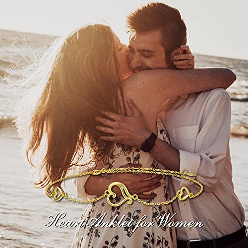 Fencci 14K Gold Heart Anklet For Women, 14K Real Gold Womens Love Heart Anklets Bracelets Beach Foot Jewelry For Wife Mother Daughter Birthday Christmas Gifts For Her Mom Wife Sister, 8''+1''+1'' #TOP5