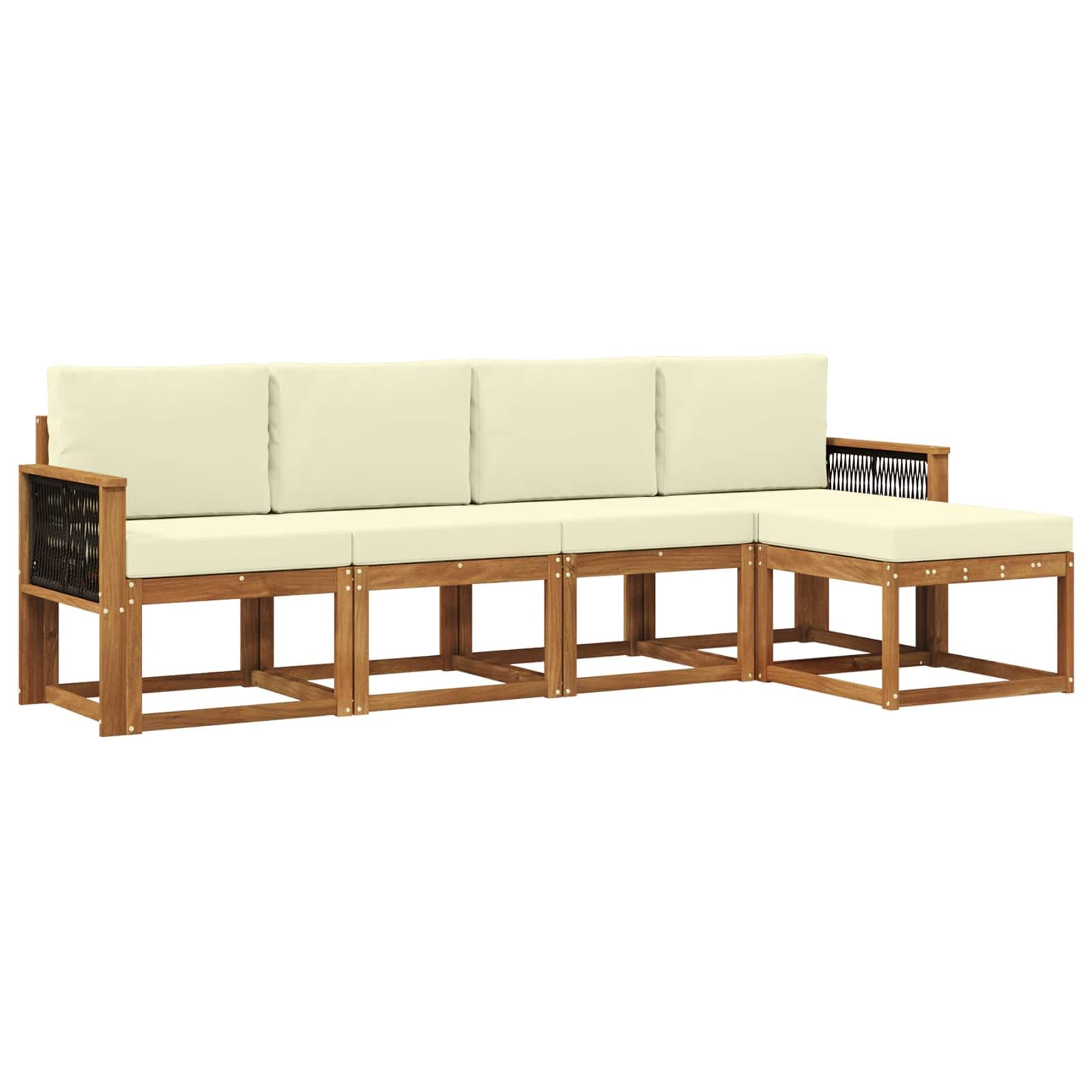 Salon de Jardin Modulable 5 Places, Ensemble Canapé d'Extérieur en Bois d'Acacia Massif avec Coussins Crème, Mobilier pour Terrasse et Cour, 249 x 122,5 x 73 cm