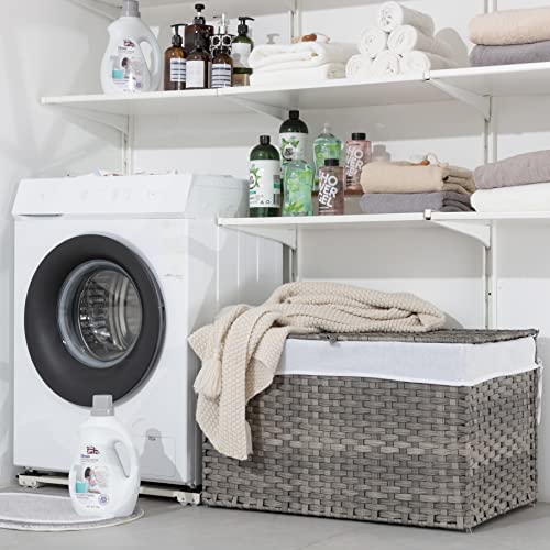Js Hanger Laundry Hamper With Lid, 160L Clothes Hamper With Removable Liner Bags, Wicker Laundry Basket, Rattan-Style Storage Trunk For Bedroom Closet Laundry Room, 29.92 X 17.72 X 18.11 In, Grey #TOP5