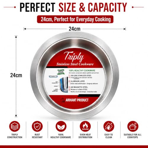 Image of Triply Stainless Steel Tope, Induction and Gas Stove Compatible, Heavy Duty Cookware Patila, 24 cm, Even Heat Distribution, Ideal for Boiling Milk, Cooking Rice, Dal and Everyday Use