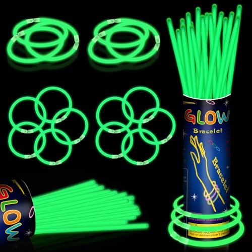 100 Pack 8 Green Glow Sticks Bulk - Glow Necklaces & Bracelets with Connectors Bright Neon Glow in The Dark Party Favors Supplies for St Patricks Day Christmas Halloween Birthday New Year Carnival