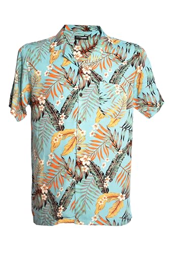 UP HAWAII Camisa Hawaiana Manga Corta Color Turquesa Flores, turquesa, XL