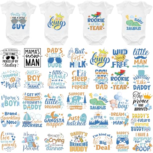 EoBeCy 36 Sheets Baby Shower Games Iron on Transfers for T-Shirts, Cute Baby Boy DTF Transfers Ready to Press Heat Transfers Vinyl, Iron on Patches Decals for Baby Clothes Bibs Bodysuit DIY Crafts