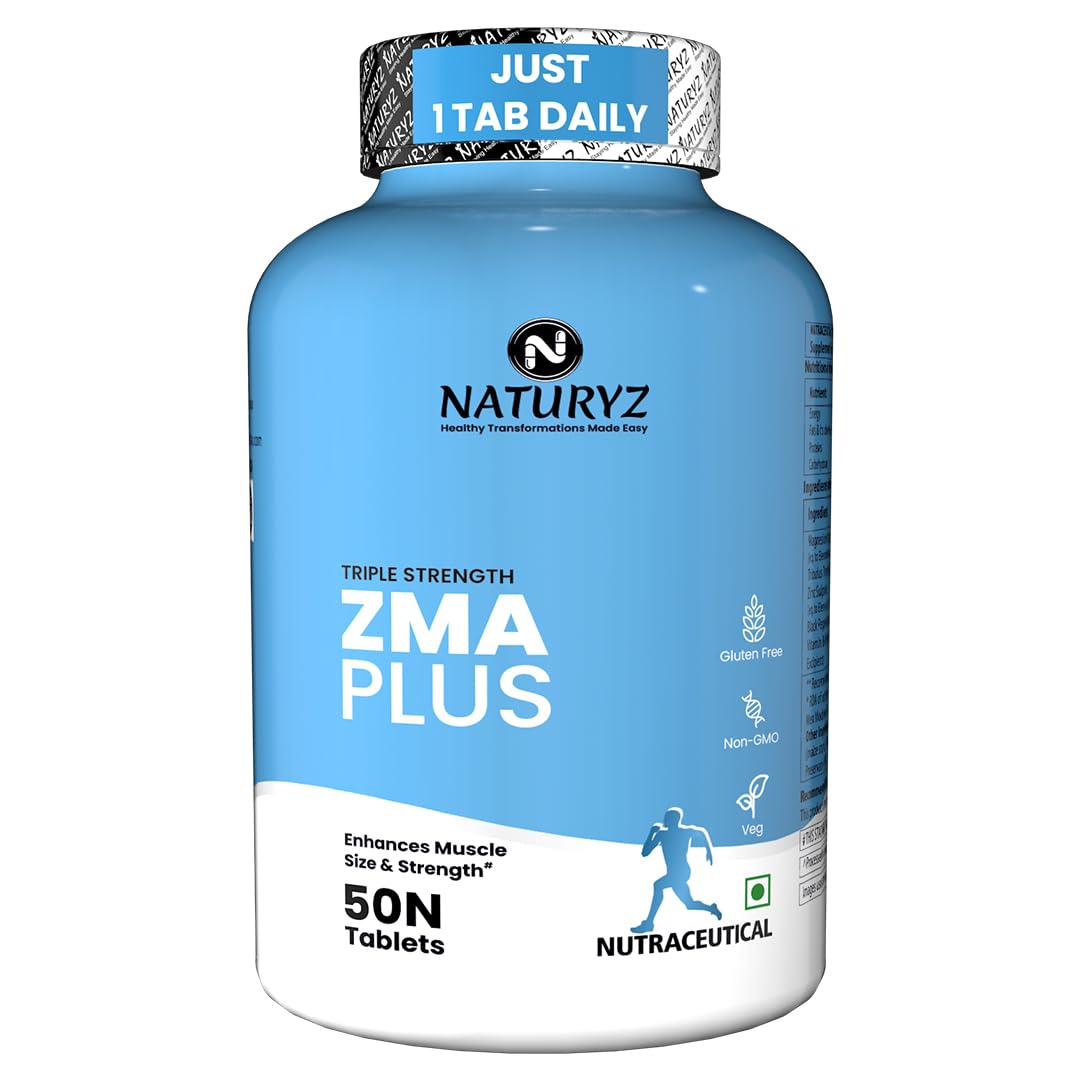 Naturyz Triple Strength ZMA Plus, 5-in-1 Muscle Strength & Nightime Recovery Support Supplement with 450 mg Magnesium Aspartate, Tribulus, Zinc, B6, Black Pepper for Men & Women - 50 Tablets