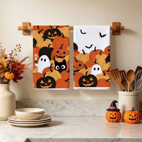Image of Hexagram Halloween Kitchen Towels, Ghost Cat Halloween Hand Towels | Black Dish Towel, Ghost Bathroom Decor, Pumpkin Decor, Sets of 2, 18 inchx28 inch, Cat Lover Gifts
