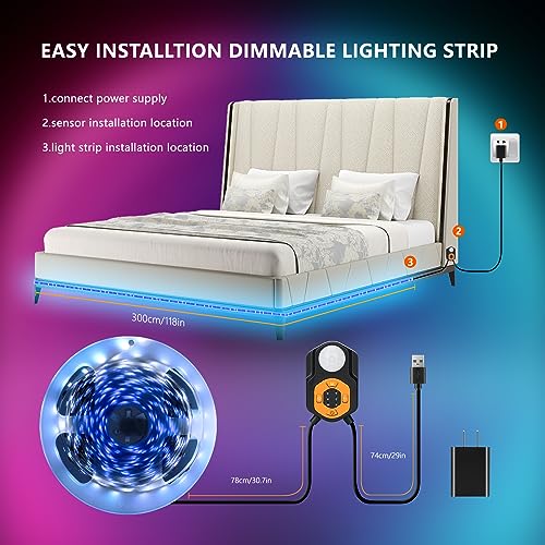 Image of Under Bed Lights Motion Activated LED Light Strip 9.8ftx2, 3 Mode Dimmable RGB LED Lights for Bed with Remote Controller and Timer, Music Sync Color Changing Lights for Bedroom smart home decoration