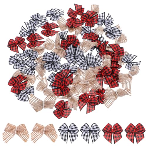 60 Mini Bows for Crafts - Burlap, Buffalo Plaid & Solid Colors - Christmas Tree & Gift Decorations