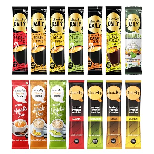 Image of Chaizup Instant Premix Tea - 3 Unique Ranges: Daily (7 Flavors), Dimtee (3 Flavors), Premium (4 Flavors) | 70 Sachets (5 Sachets Per Flavor) | Assorted Combo Pack | 950g