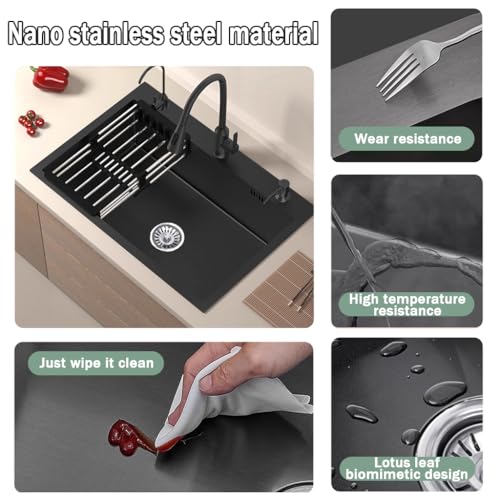 19.7 * 17.7in Drop In Kitchen Sink,Black Stainless Steel Single Bowl Sink,Topmount Workstation Sink With Pull Out Faucet,Soap Dispenser And Drain Basket by QINFFRRMI - Image 7