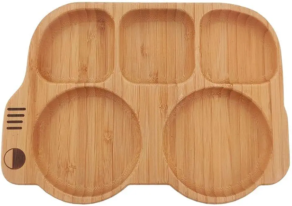 Mimo Style Prato Bus Bambu, com Divisória, com Ventosa, Marrom
