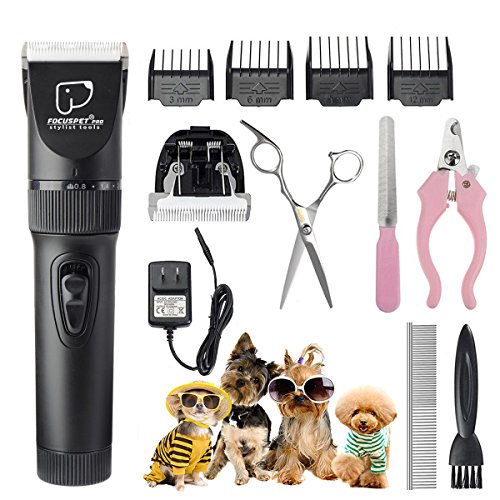 FOCUSPET Dog Clippers Cat Shaver, Professional Hair Grooming Clippers Detachable Blades Cordless Rechargeable, Pet Clipper Kit with Scissor, Combs, Guards for Dog Cat, Quiet Animal Clippers
