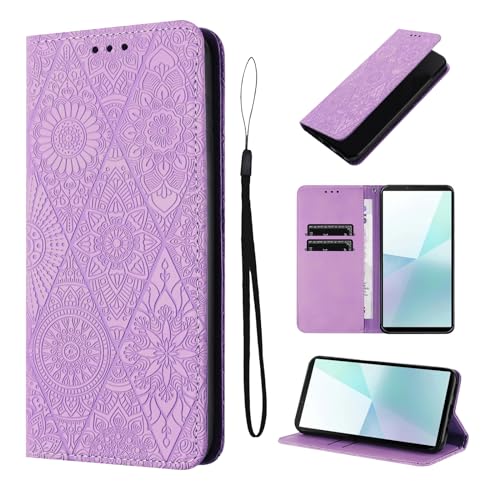 LSPCASA Étui pour Sony Xperia 10 VI Cuir Artificiel Coque Sony Xperia 10 VI avec Fente pour Carte Coque Xperia 10 VI Motif De Fleurs Béquille Housse Violet