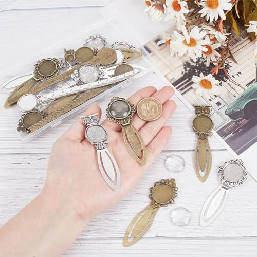 HOBBIESAY 16 pcs 4 Styles Bookmark Tray Pendant Kit Antique Bronze Silver Bookmarks Round Clear Glass Cabochons Book Page Marks Bookmark for Book Lovers DIY Bookmark Making,Tray:20mm - Image 3