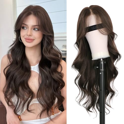 XIXISNOW 27.5'' Long Dark Brown Wavy Wig 13 x 4
