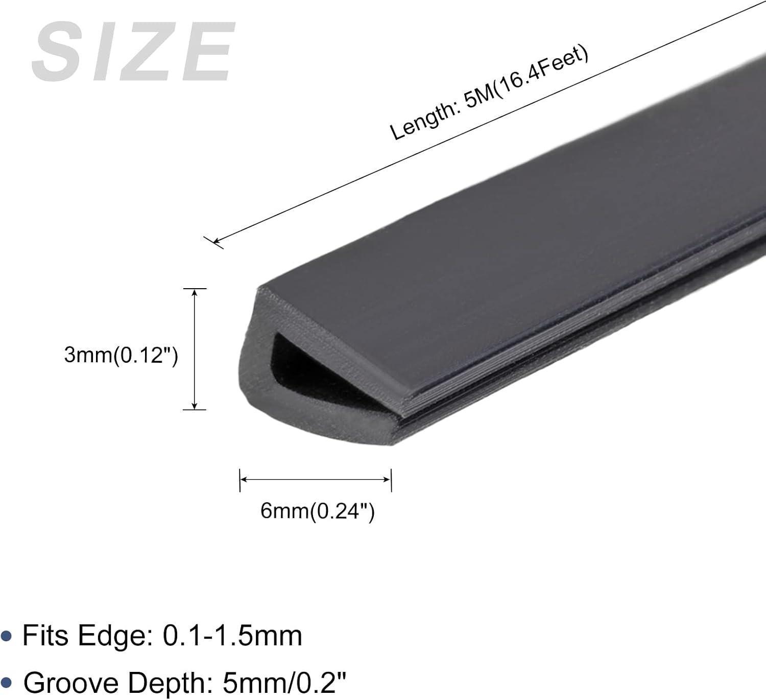 METALLIXITY Edge Trims (5M/16.4Feet) 1Pcs, Silicone U Channel Fits 0.1-1.5mm Edge Seal Strip - for Home Doors Window, Black