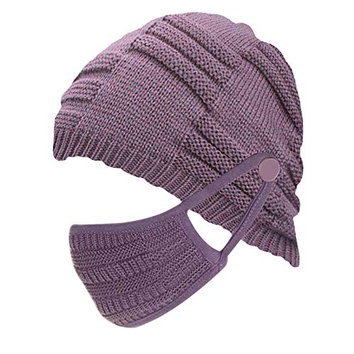 Haokanba Knitted Beanie Warm Winter Hat for Women & Men w/Detachable Face_Mask, Unisex Winter Warm Knit Beanie Hat Side Button Soft Stretch Thick Cute Knitted Cap for Cold Weather (Purple)
