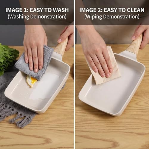 Image of Breakfast Pan Non Stick Egg Fry Pan Rectangular | Sandwich Frying Pans | Mini Frying Pan | Induction & Gas Compatible | Easy Clean | Wooden Grip Handle | Tamagoyaki Japanese Omelette Pan