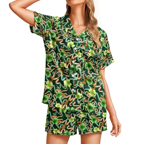 Image of Funny Pajamas for Women Set Print Satin Loungewear Pjs Short Sleeve Button Down Top and Shorts Sets Sleepwear XS-3XL