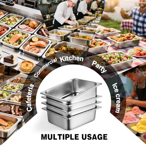 West Bay 4 Pack 1/2 Half Size Hotel Pan with Lids, 4'' Deep Steam Table Pan with Lid, 12.8''L x 10.4''W Stainless Steel Pans for Home, Party, Hotel, Buffet