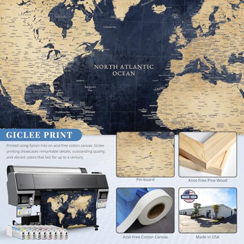 Image of IPIC - Vintage Teal World Map Pin Board Canvas Wall Art, Travel Map with Pins Included, Ready to Hang for Home or Office 36x24 Inch