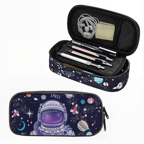 Image of Astronaut Space Planets Pencil case for Student Girl Boy, Large Capacity Black Pencil Pouch with Zipper Compartments, Cosmetic Makeup Bag Organizer for School Supplies Office Home