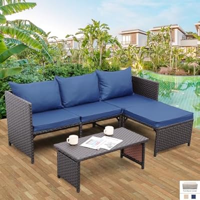 Valita Outdoor Furniture Set 3 Piece Patio Set Patio Conversation Sets Outdoor Sectional Sofa Patio Loveseat Coffee Table with Non-Slip Cushions, Navy Blue