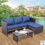 Valita Outdoor Furniture Set 3 Piece Patio Set Patio Conversation Sets Outdoor Sectional Sofa Patio Loveseat Coffee Table with Non-Slip Cushions, Navy Blue