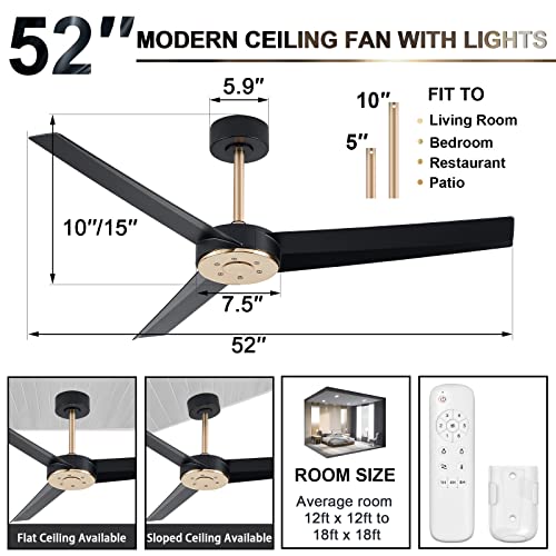 Wofifly 52 Inch Ceiling Fan No Light, Matte Black And Gold Ceiling Fans Without Lights, Modern Fan And Remote, Reversible 3 Blade Ceiling Fan For Bedroom Living Dining Room Kitchen #TOP1