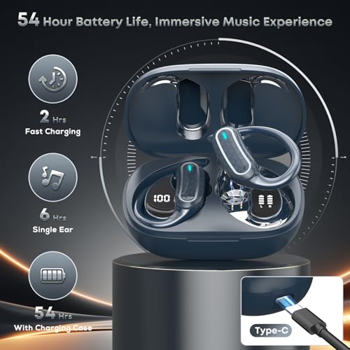 Image of TRAUSI Wireless Earbuds Bluetooth Headphones, 54H Playtime Stereo Over Ear Buds with ENC Noise Cancelling, LED Power Display, IPX7 Waterproof Sport Earphones wih Earhooks for Running /Workouts Blue