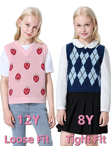 Mebius Girl's Cute Preppy Sweater Vest Sleeveless V Neck Knit Casual School Plaid Checkered Strawberry Cropped Top4