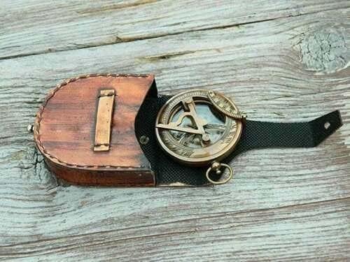 Compass Nautical Collectable Brass Sundial Handmade Maritime with Leather Box
