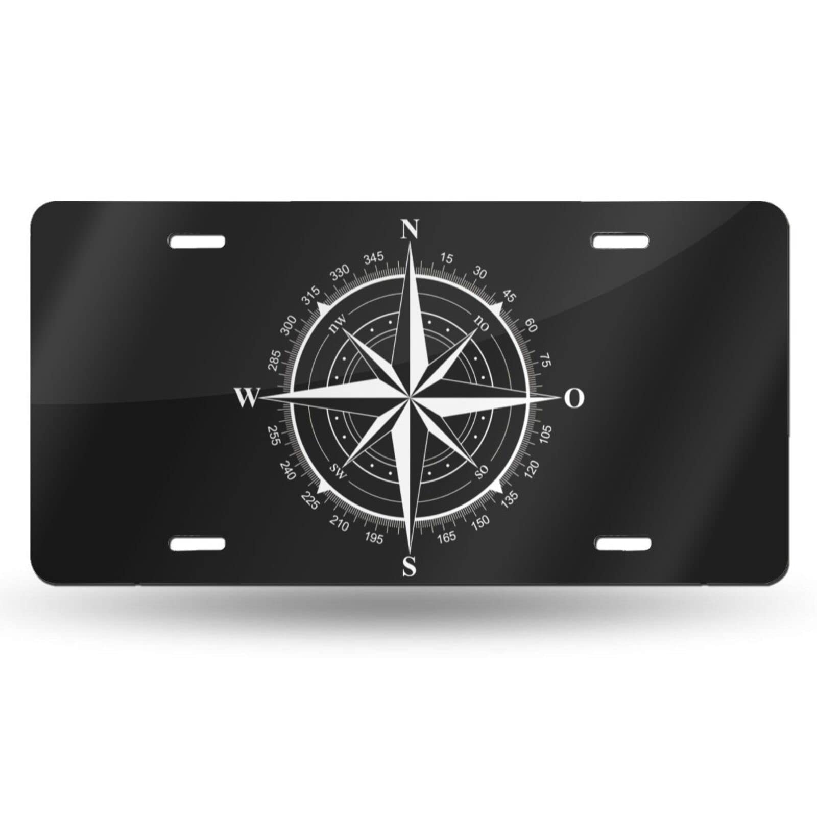 Black and White Compass Rose Front License Plate Aluminum Decorative License Plates Funny Metal Car Plate 6"X12" Novelty Vanity Tag Cover with 4 Holes Car Decor Accessory