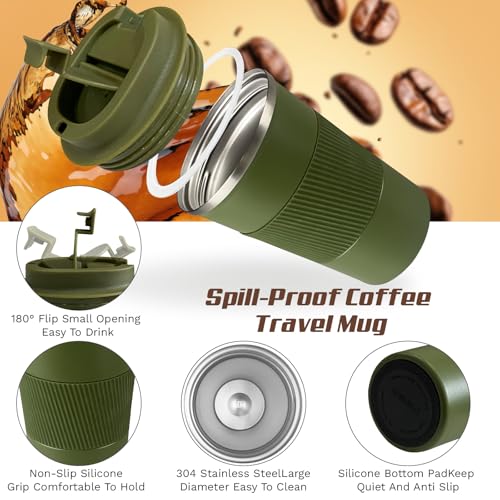 Image of Vacuum Insulated Stainless Steel Travel Coffee Mug,Leak Proof Cup with Lid | 304 stainless steel mug with vacuum insulation, leak proof lid, silicone grip and car cup holder friendly design