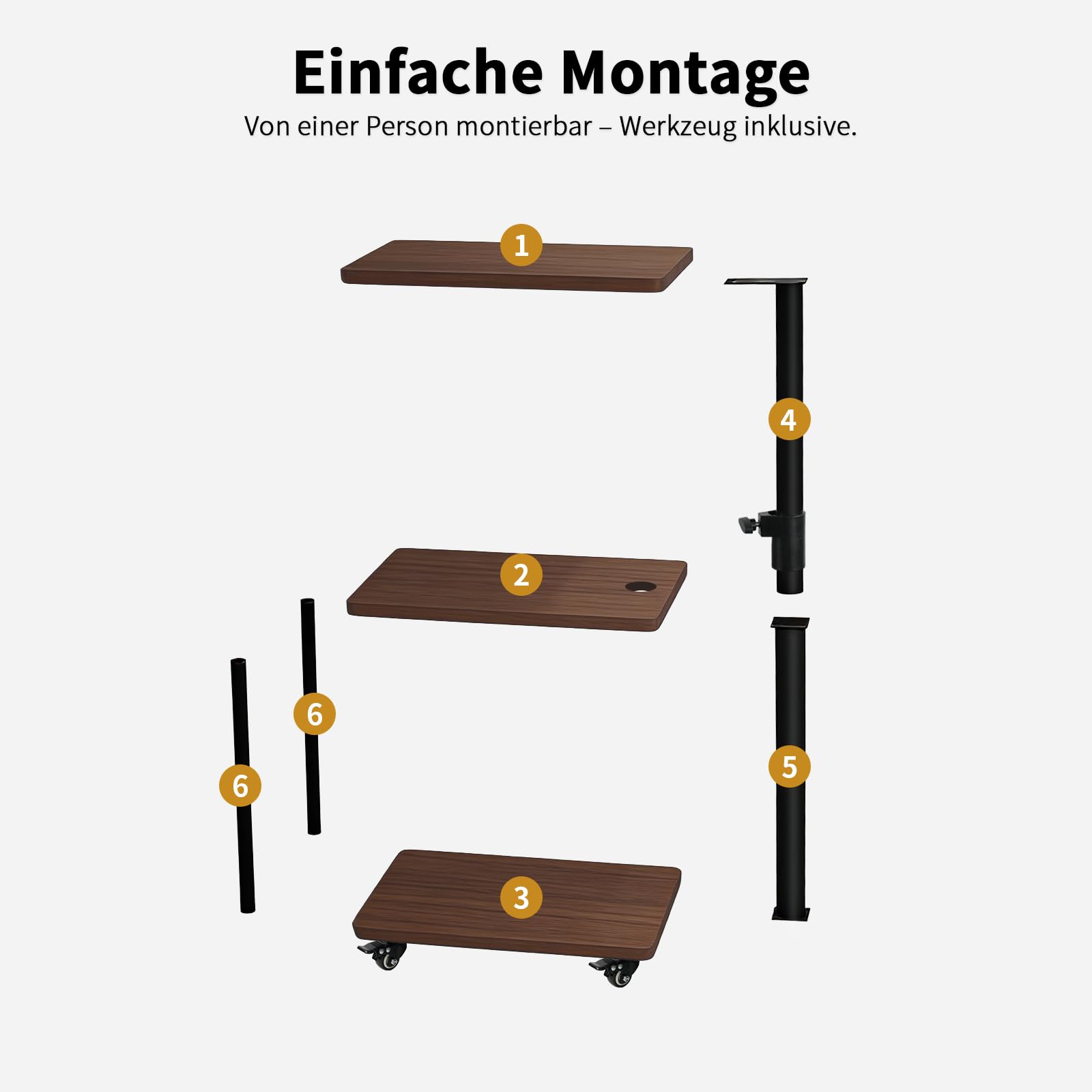 Beistelltisch auf Rollen mit Bremse, höhenverstellbar & 360° drehbar – Beistelltisch Couch/Side Table mit 3 Ablagen, stabilem Rohr, MDF Holzoptik, Walnuss