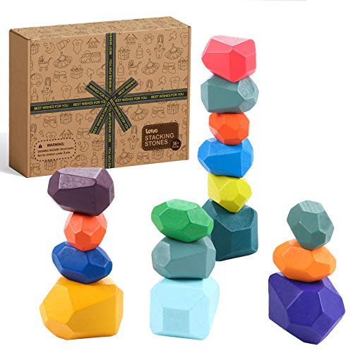 Lewo 16 PCS Building Blocks Wooden Balancing Blocks Colored Stacking Stones Rock Blocks Wooden Stones Balance Blocks Montessori Toys Educational Toy for Toddlers Kids Boys Girls