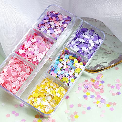 6 Grids Flower Nail Art Glitters Sequin Nail Decals, Light Colour Flower Nail Accessories,Sparkly Confetti Stickers Decals For Women Girls,Acrylic Nail Manicure Tip Decoration Diy Crafts #TOP1