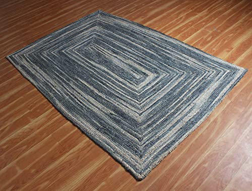 Tapis géométrique bleu en jute de 0,7 cm d'épaisseur supérieure tressée - 5