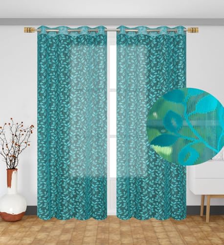 Image of Leaves Design Semi Transparent Window Curtain 7 feet Long Set of 3 pcs Drawing Room Parde | Pooja Room Curtain Panel | Sheer Curtain, Firozi Color