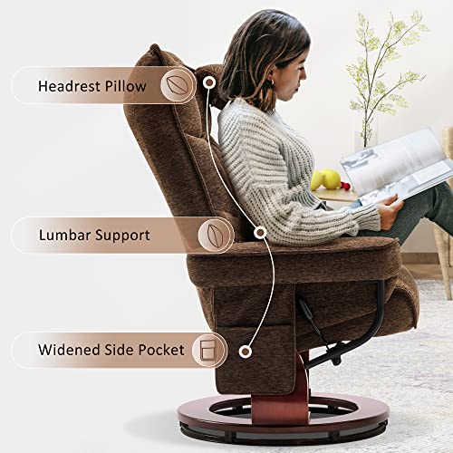 Mcombo Swivel Recliner With Ottoman, Massage Tv Chairs With Neck Pillow And Side Pocket For Living Reading Room, Chenille Fabric 4188 (Brown) #TOP4