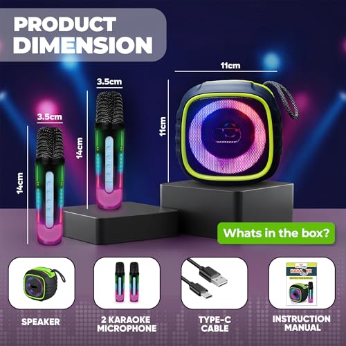 Image of Wembley Karaoke Machine with 2 Wireless Microphone for Adults & Kids | Portable Bluetooth Speaker with RGB LED Lights, HD Sound, 5 Voice Modes & 5W Output | Party Speaker with Wireless Mic