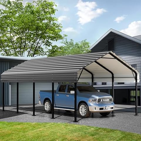 JAMFLY 12X20 FT Carport, Heavy Duty Carport Canopy with Galvanized Steel Roof and Frame, Metal Carport Upgraded Extra Large Garage for Pickup, Boat, Car and Tractors Cover