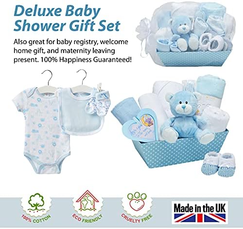 Newborn Baby Boy Keepsake Box - Blue, Hand Packed and Wrapped in Chiffon This Hamper Includes a Cute Teddy Bear, Knitted Booties, Bodysuit, Bib, Hat, Blanket, Hooded Towel and Hanging Plaque